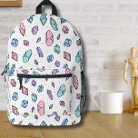 Cute Trendy Pastel Gemstones Gems Crystal Pattern Printed Backpack<br><div class="desc">Adorable pastel illustrated crystal point and polka dot pattern with hues of pink, purple, teal and blue. Each crystal point or piece has black outlines to make them pop. And a little grey polka dot in the white background just rounds it out. The perfect little pattern for crystal lovers, and...</div>