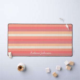 Cute Trendy Peach Pink Stripes Name Desk Mat