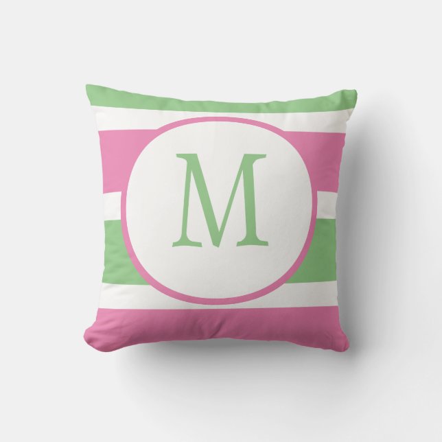 Cute Trendy Pink and Green Stripe Monogram Cushion (Front)