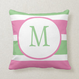 Cute Trendy Pink and Green Stripe Monogram Cushion