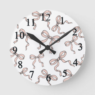 Cute Trendy Pink Ribbon Bows Outlined in Black Round Clock