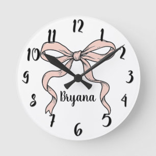Cute Trendy Pink Ribbon Bows Outlined in Black Round Clock