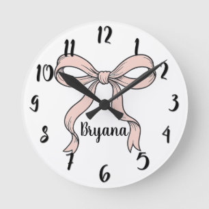 Cute Trendy Pink Ribbon Bows Outlined in Black Round Clock