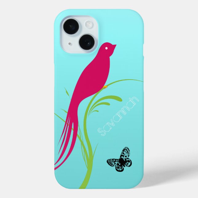 Cute Trendy  Pink Swallow Bird Butterfly on Aqua Case-Mate iPhone Case (Back)