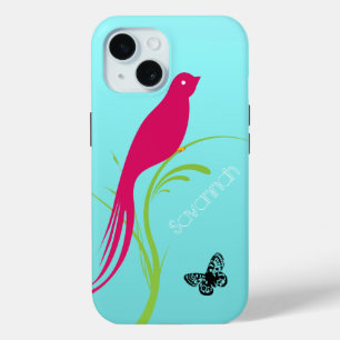 Cute Trendy Pink Swallow Bird Butterfly on Aqua iPhone 15 Case