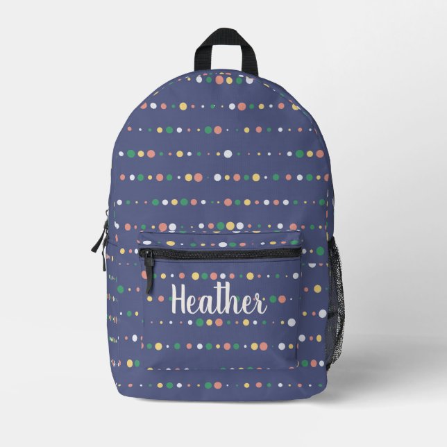 Cute Trendy Purple Polka Dots Monogram Name Printed Backpack (Front)