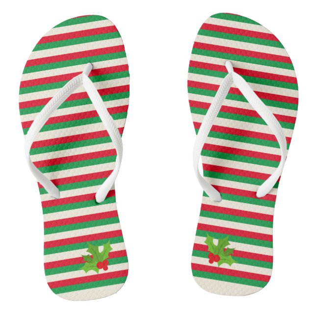Cute Trendy Red and Green Stripe Christmas Holly Flip Flops (Footbed)