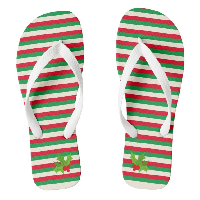 Cute Trendy Red and Green Stripe Christmas Holly Flip Flops (Footbed)