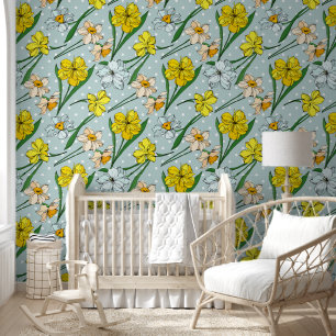 Cute trendy retro Elegant ink art floral Blue Wallpaper