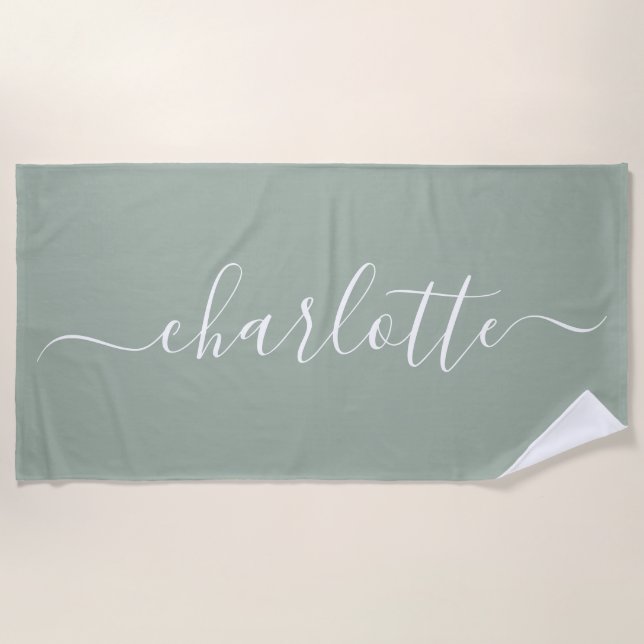 Cute Trendy Script Name Personalised Dusty Sage Beach Towel (Front)