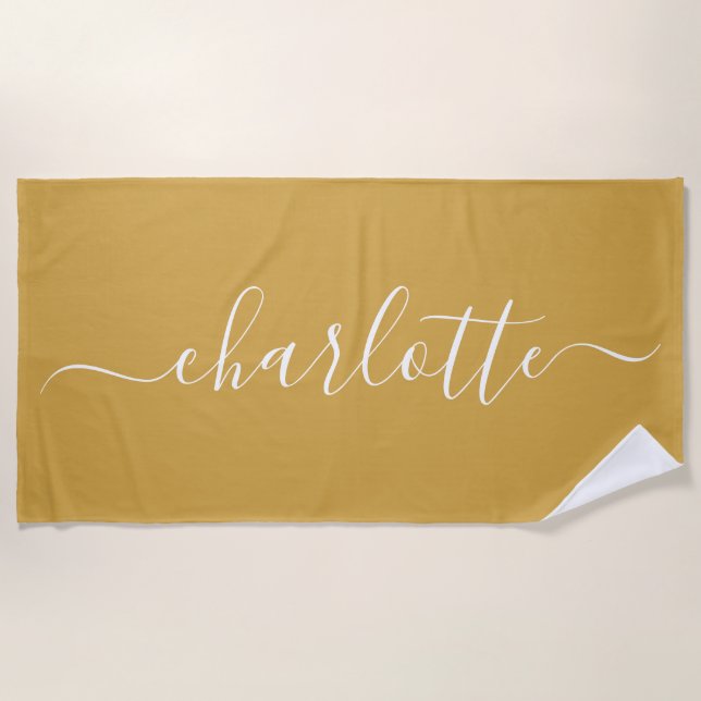 Cute Trendy Script Name Personalised Dusty Yellow Beach Towel (Front)