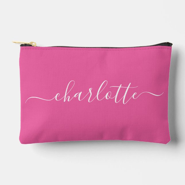 Cute Trendy Script Name Personalised Hot Pink Accessory Pouch (Front)