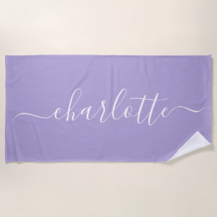 Cute Trendy Script Name Personalised Lavender Beach Towel