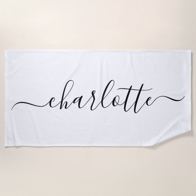 Cute Trendy Script Name Personalised White Beach Towel (Front)