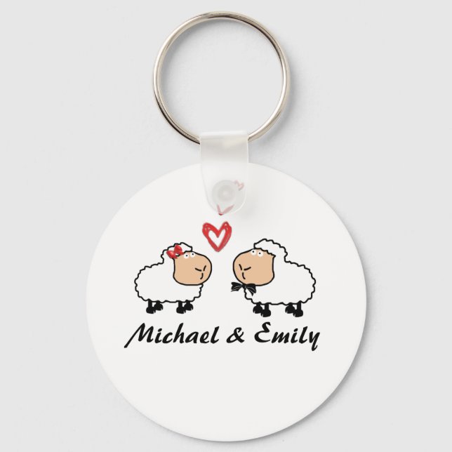 Cute trendy  sheep in love personalised key ring (Front)