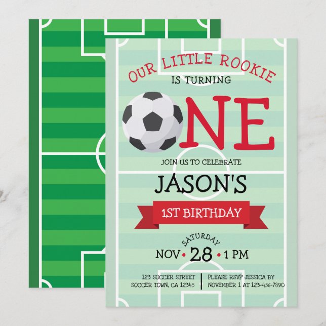 Cute Trendy Soccer Field & Ribbon 1st Birthday Invitation (Front/Back)
