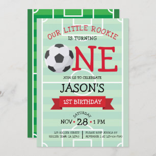 Cute Trendy Soccer Field & Ribbon 1st Birthday Invitation