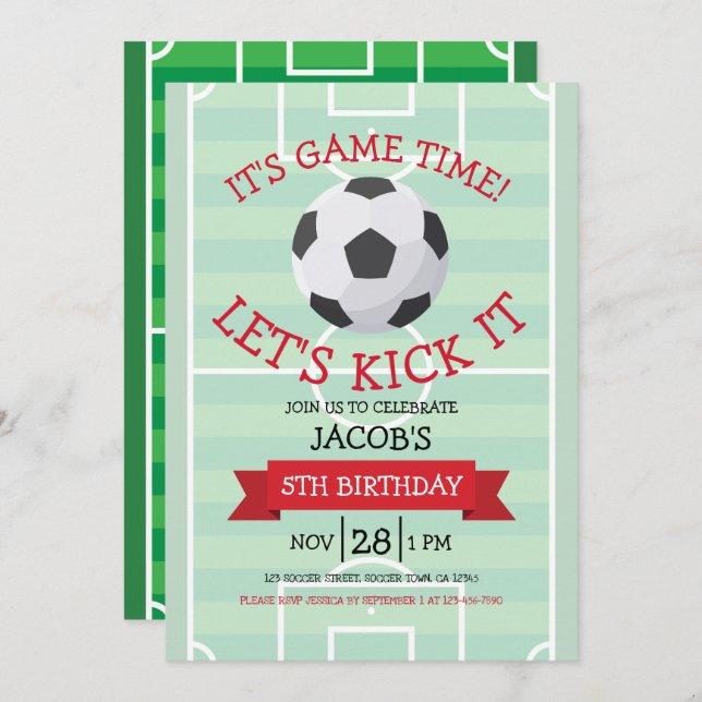 Cute Trendy Soccer Field & Ribbon Birthday Invitation (Front/Back)