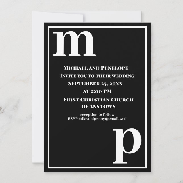 Cute Trendy Stylish Monogram Black Wedding  Invitation (Front)