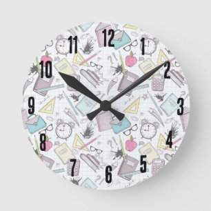 Cute Trendy Teacher School Pattern Round Clock
