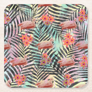 Cute trendy tropical flamingos floral paint square paper coaster