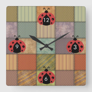 Cute trendy vintage retro ladybug patchwork square wall clock