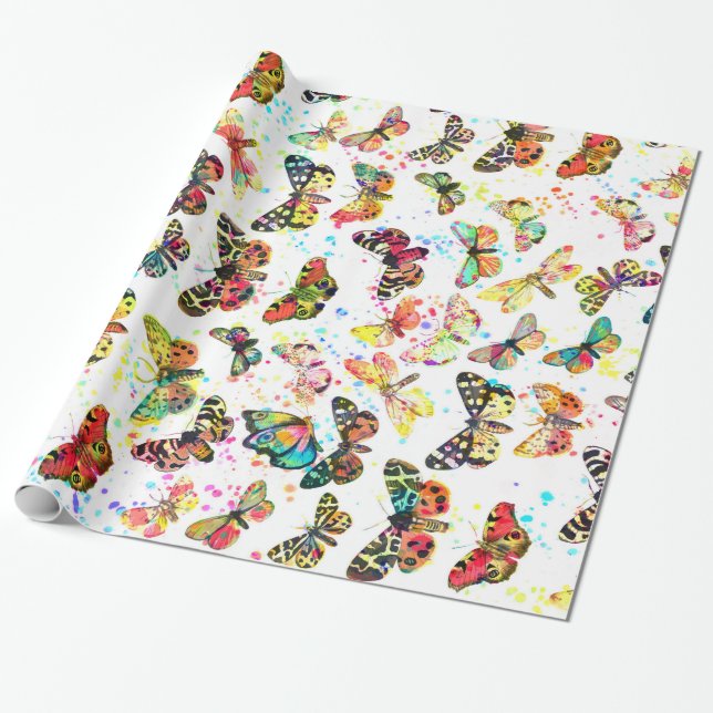 Cute trendy watercolor splatters butterflies wrapping paper (Unrolled)