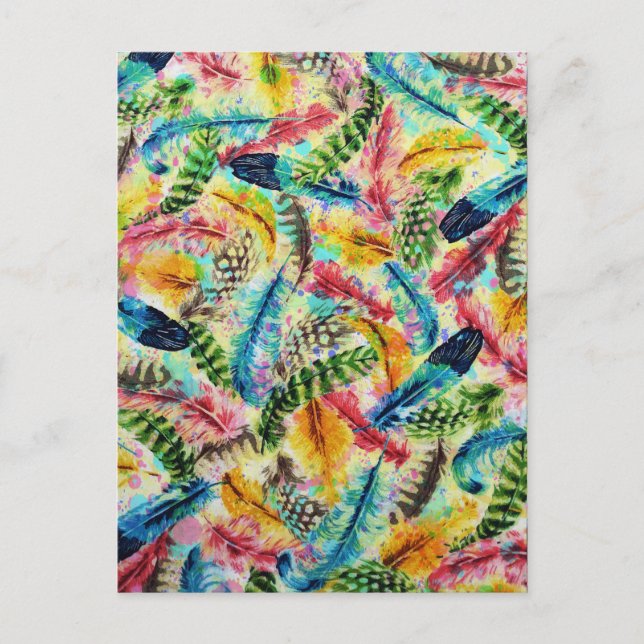 Cute  trendy watercolor splatters tribal feathers postcard (Front)