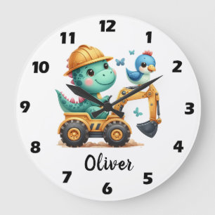 Cute Trex Dinosaur Driving a Construction Vehicle Large Clock