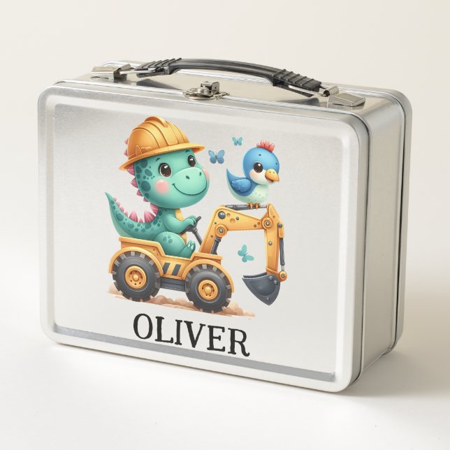 Cute Trex Dinosaur Driving a Construction Vehicle Metal Lunch Box (Front)