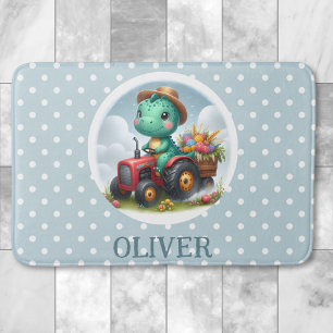 Cute Trex Dinosaur Driving a Red Tractor  Bath Mat