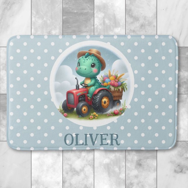 Cute Trex Dinosaur Driving a Red Tractor  Bath Mat (Creator Uploaded)