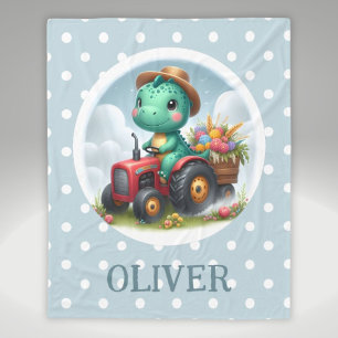 Cute Trex Dinosaur Driving a Red Tractor  Fleece Blanket
