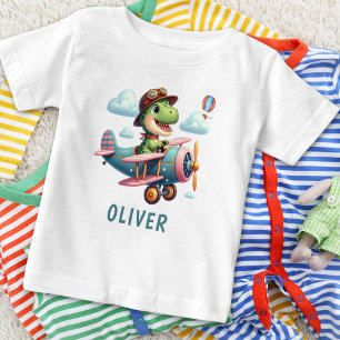 Cute Trex Dinosaur Flying a Charming Aeroplane Baby T-Shirt