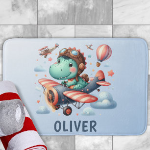 Cute Trex Dinosaur Flying a Charming Aeroplane Bath Mat