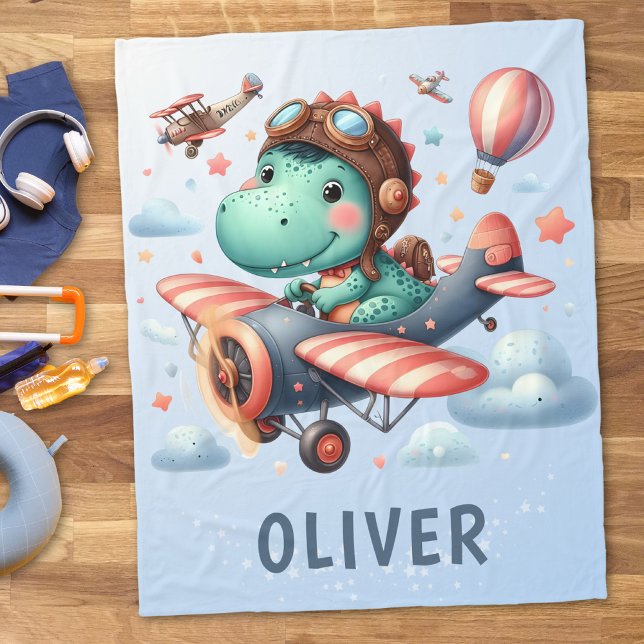 Cute Trex Dinosaur Flying a Charming Aeroplane Fleece Blanket (Creator Uploaded)