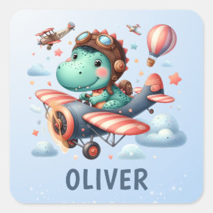 Cute Trex Dinosaur Flying a Charming Aeroplane Square Sticker