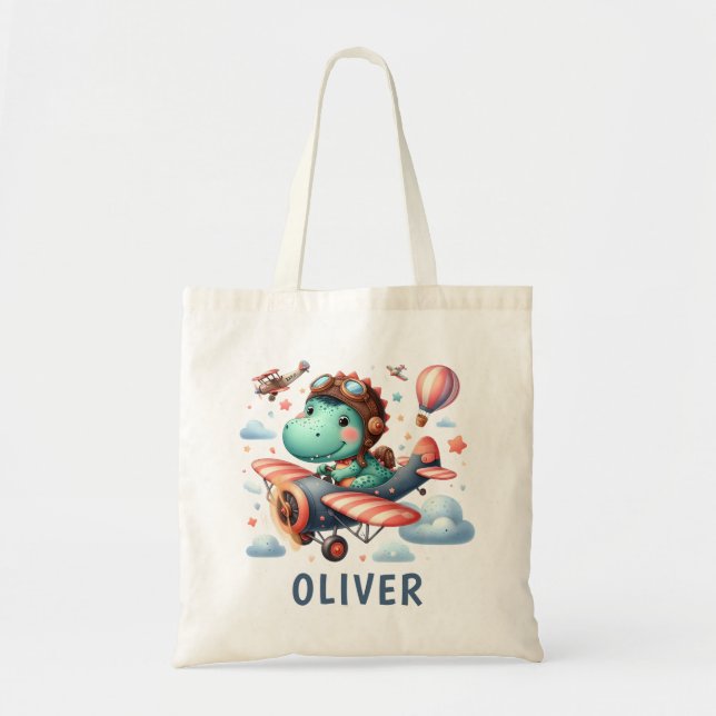 Cute Trex Dinosaur Flying a Charming Aeroplane Tote Bag (Front)