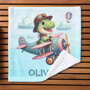 Cute Trex Dinosaur Flying a Charming Aeroplane Wash Cloth