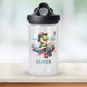 Cute Trex Dinosaur Flying a Charming Aeroplane Water Bottle