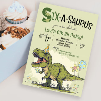 Cute TRex Dinosaur Six-A-Saurus 6th Birthday Party Invitation
