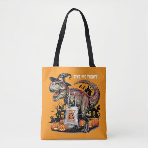 cute trex wearing witches hat personalised white tote bag