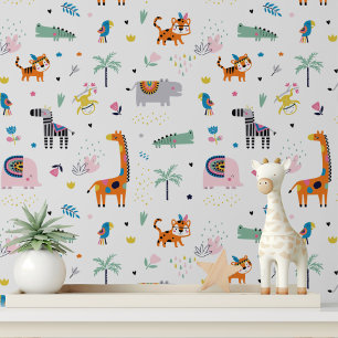 Cute Tribal Boho Wild Animals Modern Kids Pattern Wallpaper