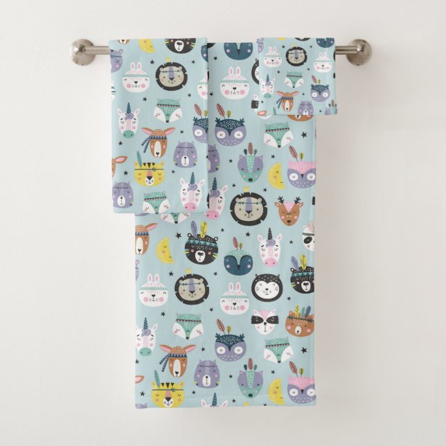 Cute Tribal Face Pattern Bath Towel Set (Insitu)
