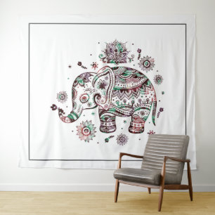 Cute tribal floral elephant illustration tapestry