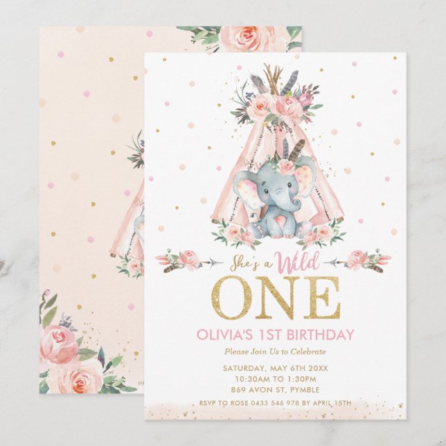 Cute Tribal Floral Elephant Wild One 1st Birthday Invitation (Front/Back)