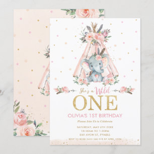 Cute Tribal Floral Elephant Wild One 1st Birthday Invitation