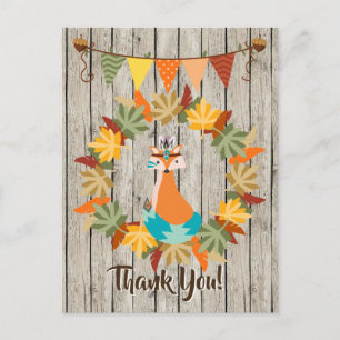 Cute Tribal Fox, Wreath of Leaves Autumn Thank You Postcard