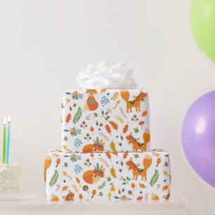 cute tribal foxes, autumn floral elements wrapping paper