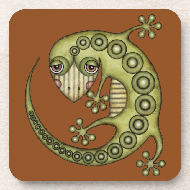 Cute Tribal Green Gecko Coaster (Front)